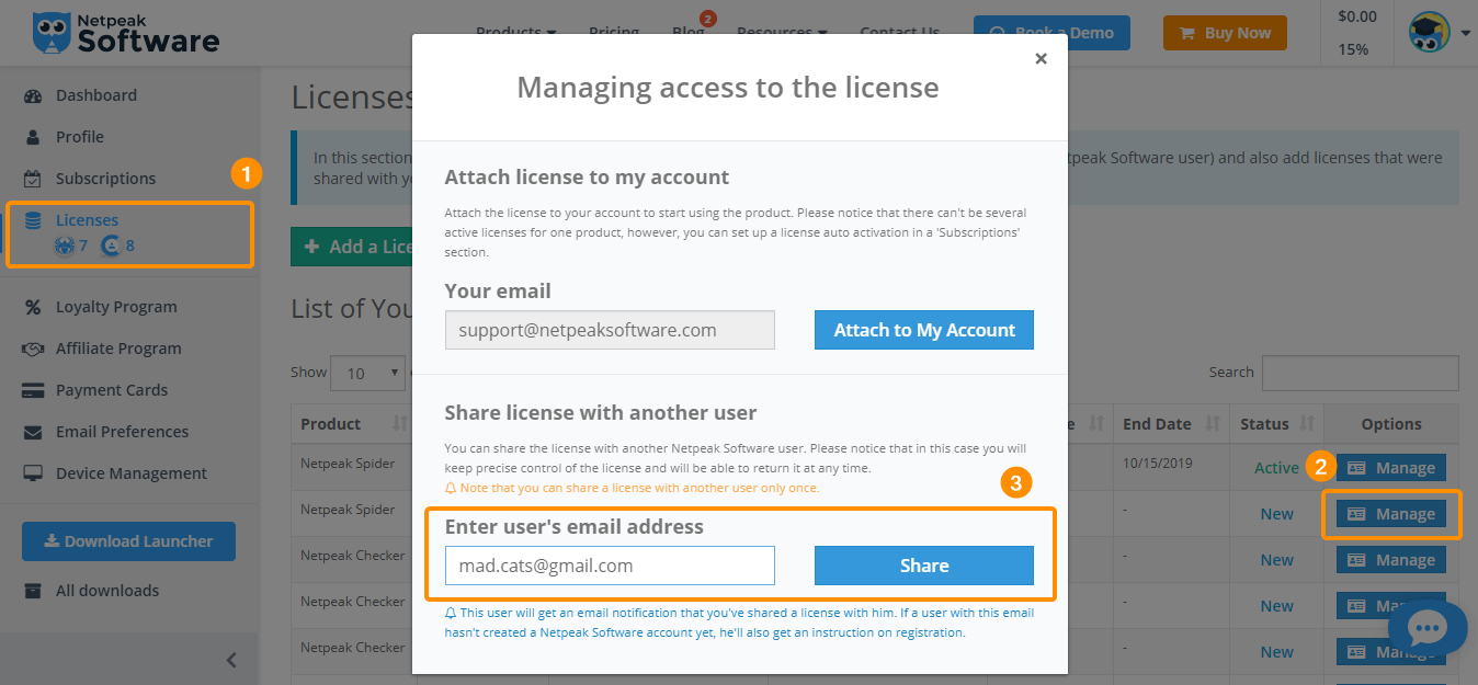 Share license to another user